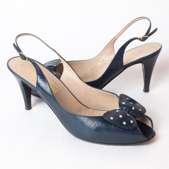 Bruno Magli Vintage Size 10 B Heeled Peep Toe Sandals with Polka Dot Bow - Picture 2 of 14